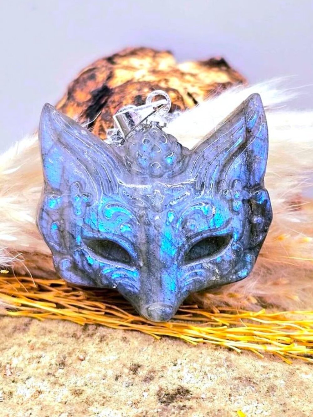 Labradorite Fox Mask Pendant • Stone Carved Crystal Necklace • Flashy Fox